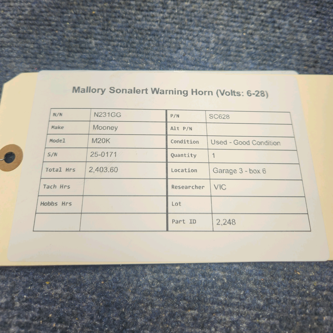 Used aircraft parts for sale, SC628 Mooney M20K MALLORY SONALERT WARNING HORN (VOLTS: 6-28)
