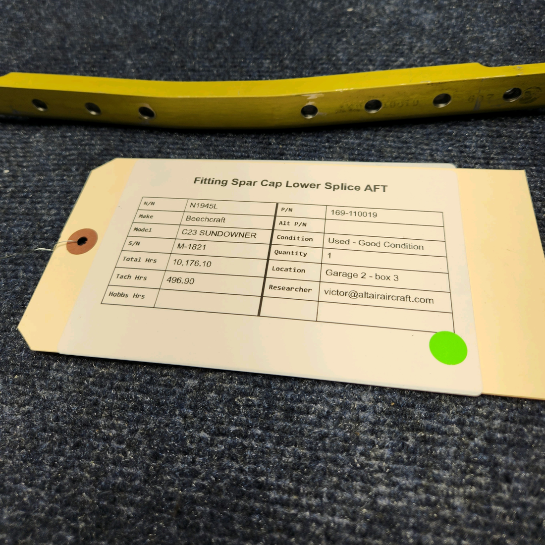 Used aircraft parts for sale, 169-110019 Beechcraft C23 SUNDOWNER FITTING SPAR CAP LOWER SPLICE AFT