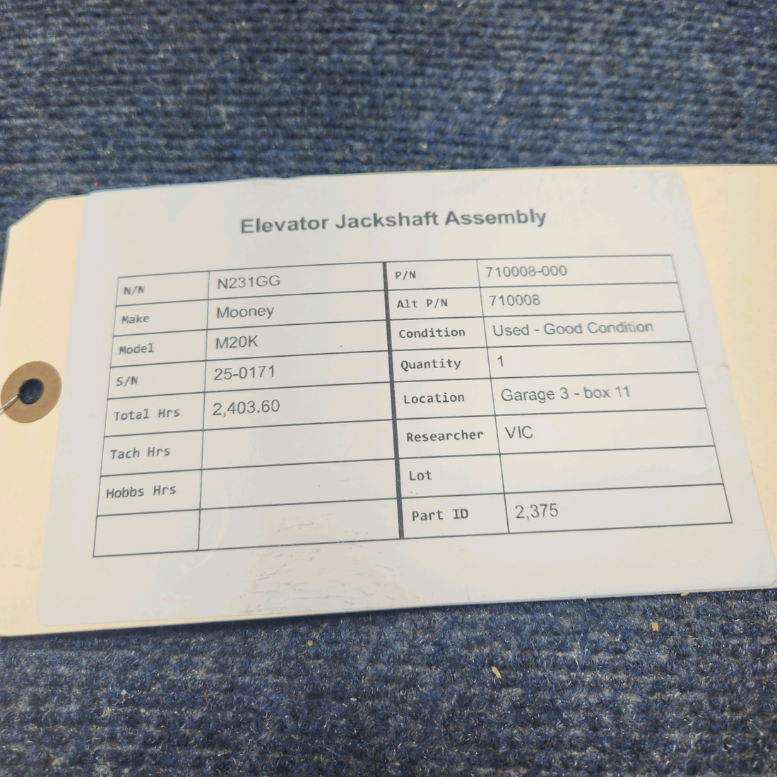 Used aircraft parts for sale, 710008-000 Mooney M20K ELEVATOR JACKSHAFT ASSEMBLY