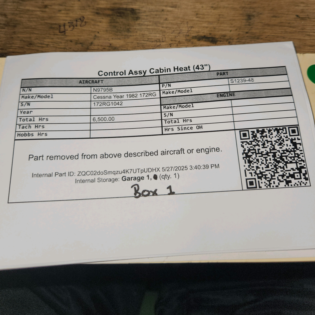 Used aircraft parts for sale, S1239-48 Cessna 172RG Control Assy Cabin  Heat (43")