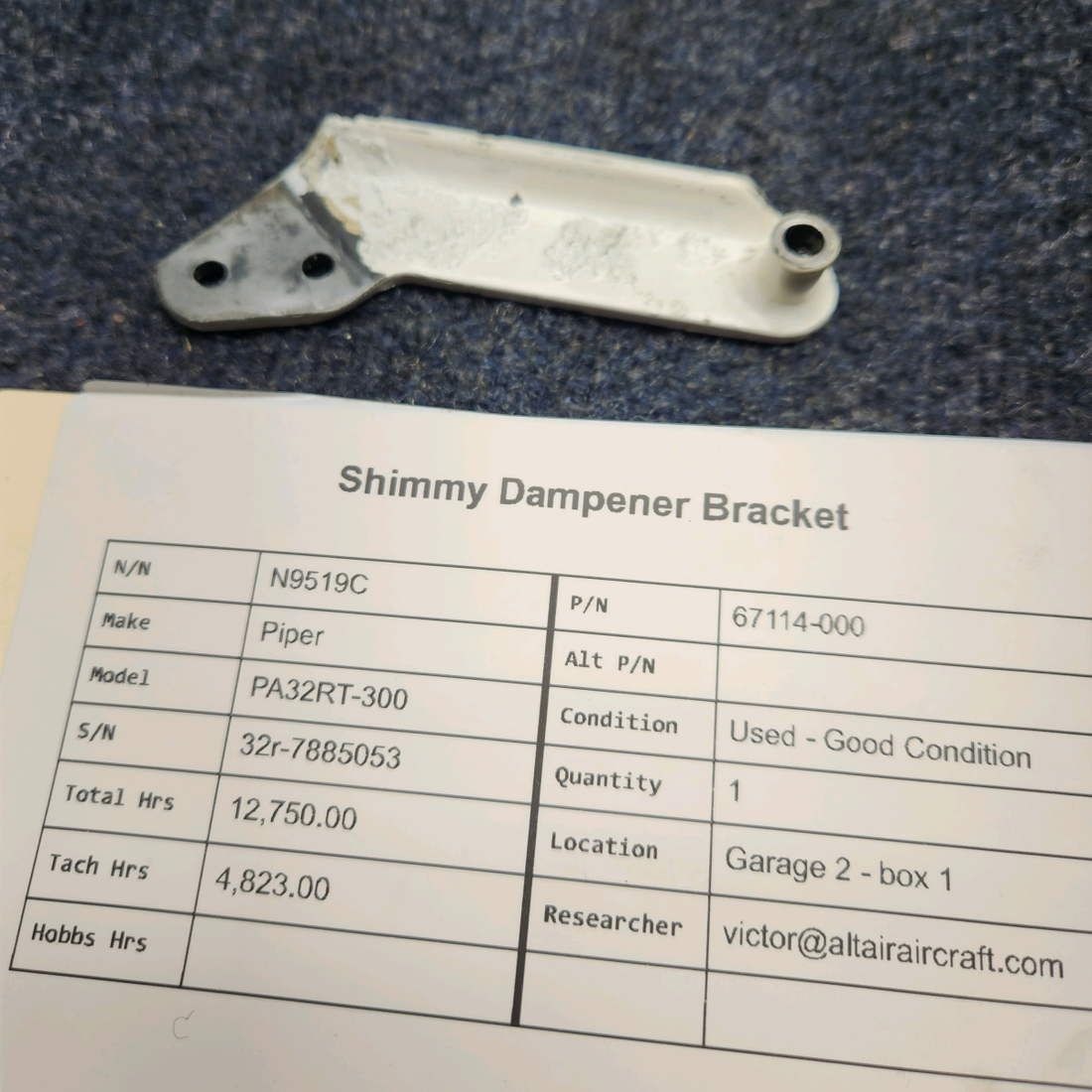 Used aircraft parts for sale, 67114-000 Piper PA32RT-300 SHIMMY DAMPENER BRACKET