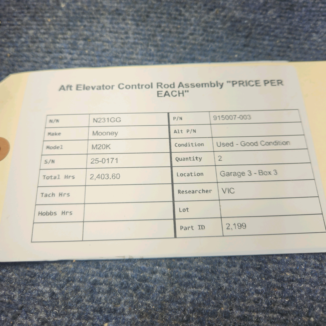 Used aircraft parts for sale, 915007-003 Mooney M20K AFT ELEVATOR CONTROL ROD ASSEMBLY "PRICE PER EACH"