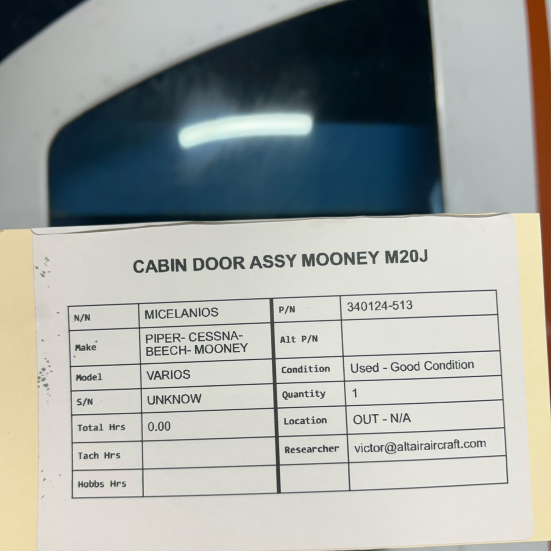 Used aircraft parts for sale, 340124-513 PIPER- CESSNA-BEECH- MOONEY VARIOS CABIN DOOR ASSY MOONEY M20J