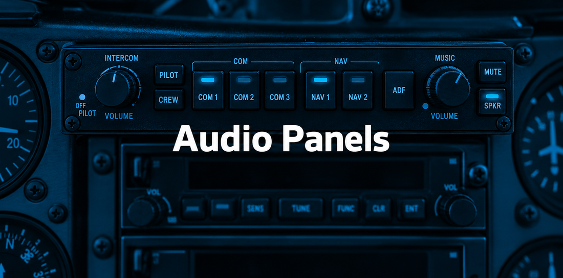 Aircraft audio selector and intercom panel in blue — Audio Panels collection banner