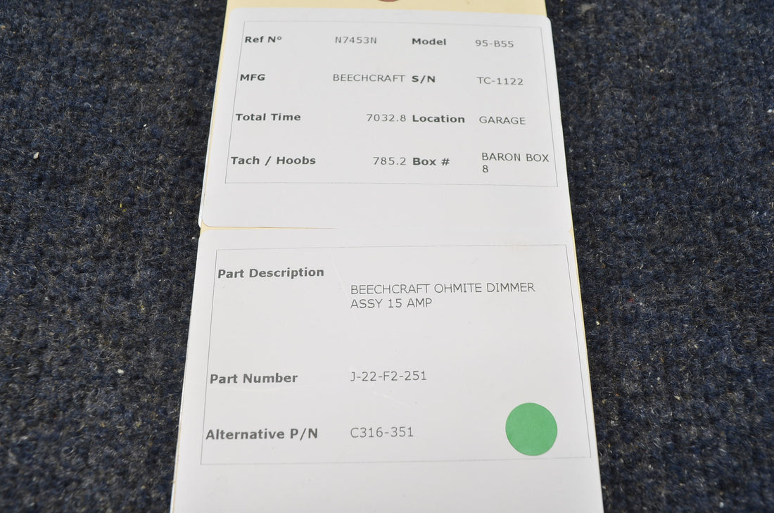 Used aircraft parts for sale J-22-F2-251 BEECHCRAFT 95-B55 OHMITE DIMMER ASSY 15 AMP