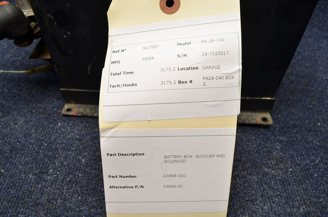 Used aircraft parts for sale 63888-000 PIPER PA-28-140 BATTERY BOX  W / COVER AND SELENOID