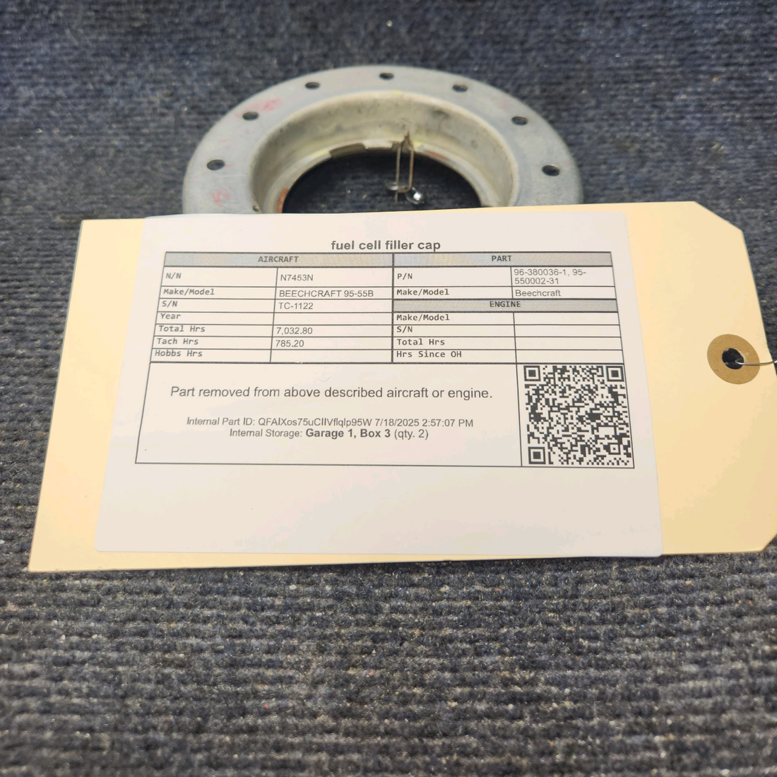 Used aircraft parts for sale, 96-380036-1 BEECHCRAFT 95-55B Fuel Cell Filler Cap