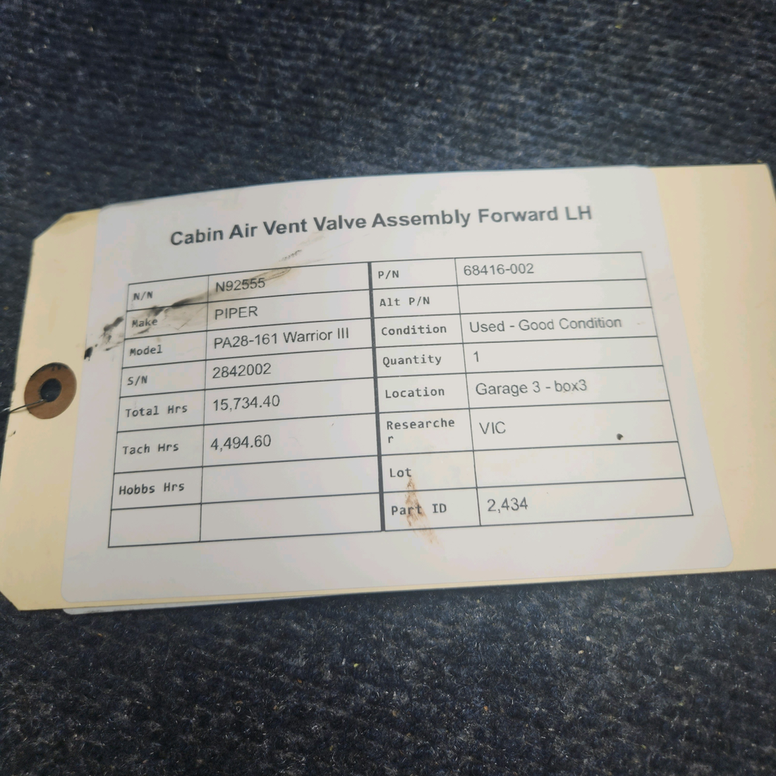 Used aircraft parts for sale, 68416-002 PIPER PA28-161 Warrior III CABIN AIR VENT VALVE ASSEMBLY FORWARD LH