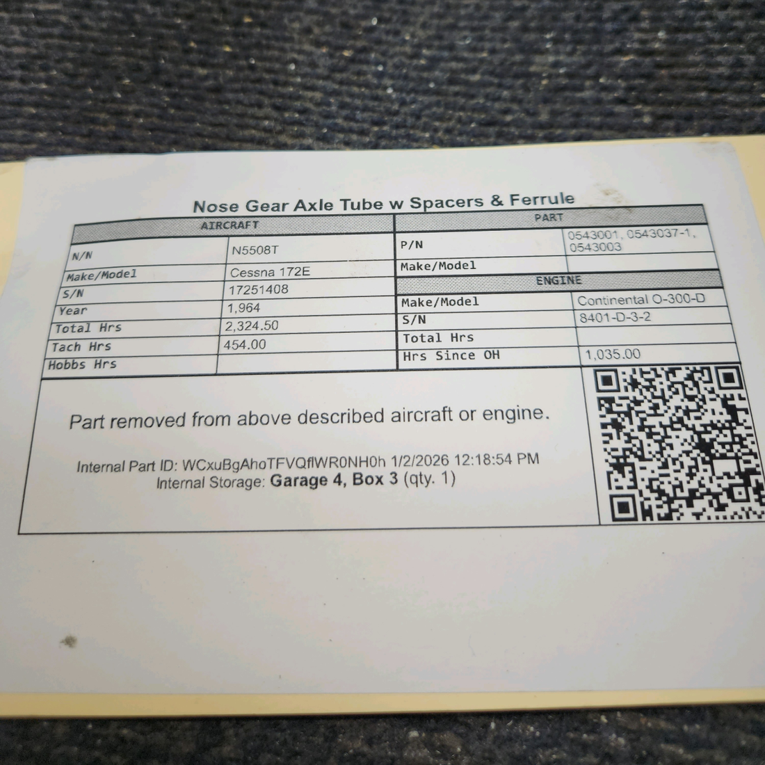 Used aircraft parts for sale, 0543001, 0543037-1, 0543003 Cessna 172E Nose Gear Axle Tube w/ Spacers & Ferrule