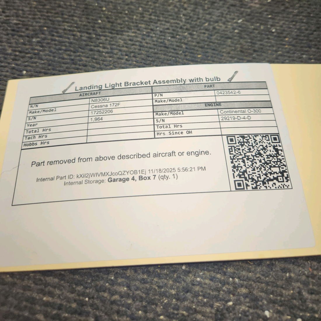 Used aircraft parts for sale, 0423542-6 Cessna 172F Landing Light Bracket Assembly with bulb