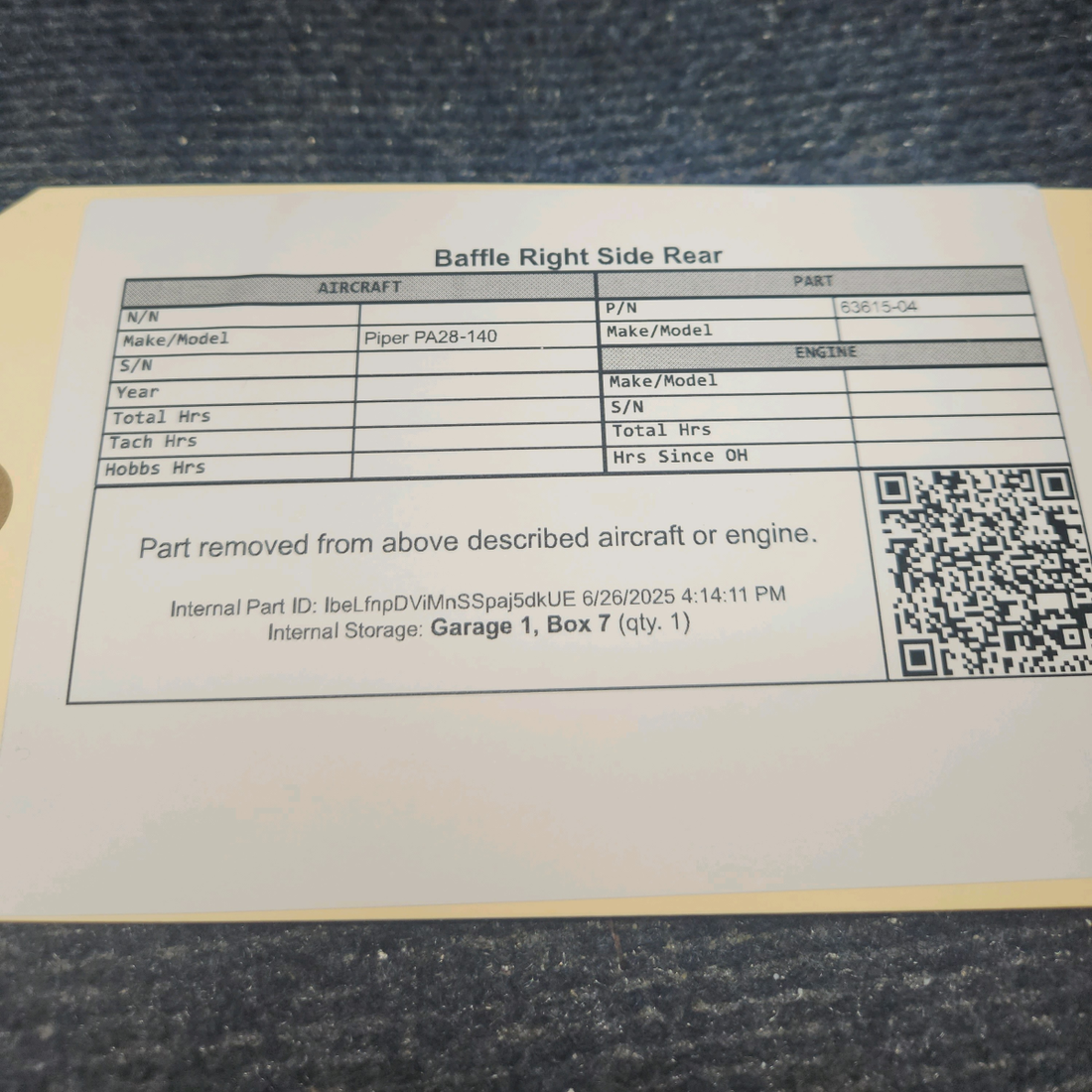 Used aircraft parts for sale, 63615-04 Piper PA28-140 Baffle Right Side Rear