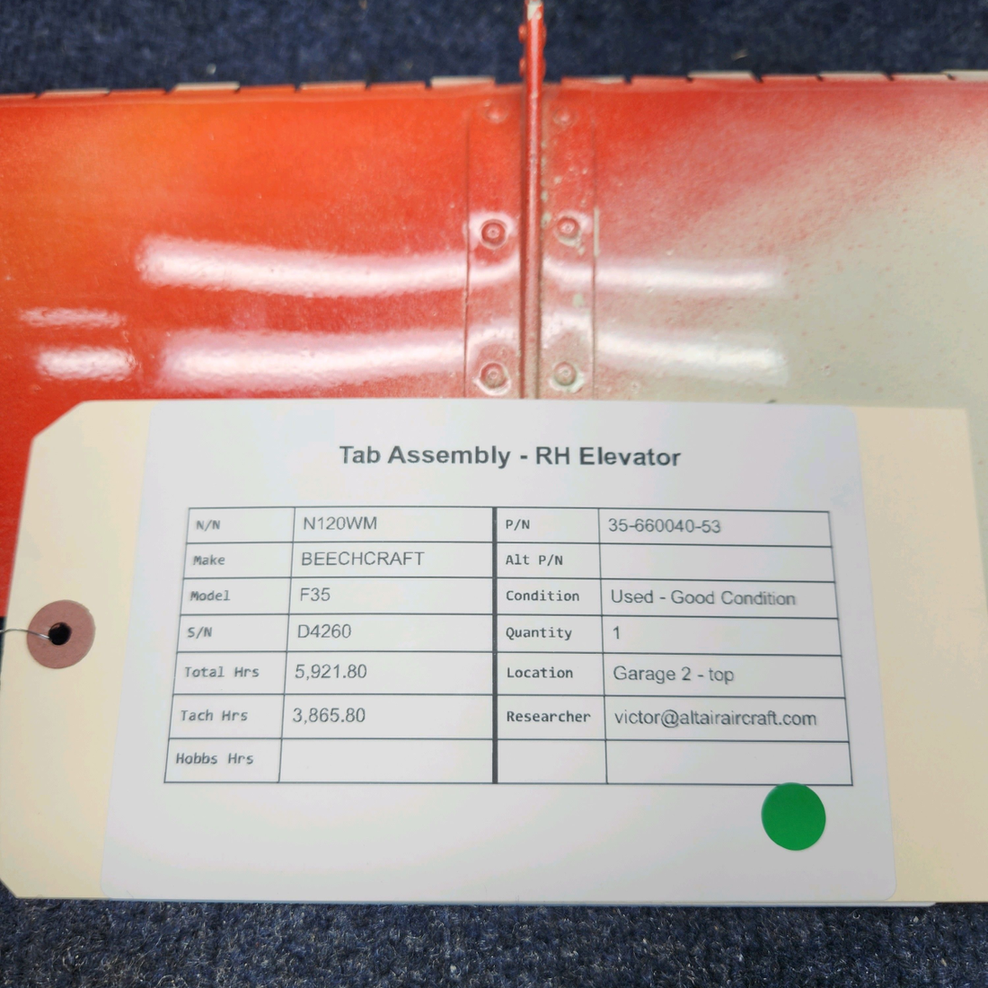 Used aircraft parts for sale, 35-660040-53 BEECHCRAFT F35 TAB ASSEMBLY - RH ELEVATOR