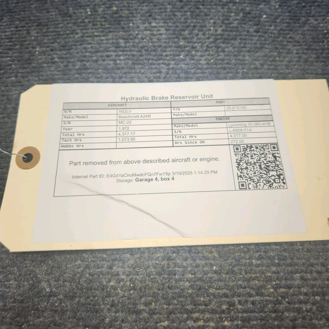 Used aircraft parts for sale, 35-815180 Beechcraft A24R Hydraulic Brake Reservoir Unit