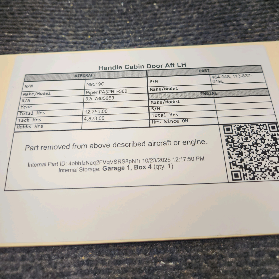 Used aircraft parts for sale, 464-048 Piper PA32RT-300 Aft Cabin Door Handle - LH