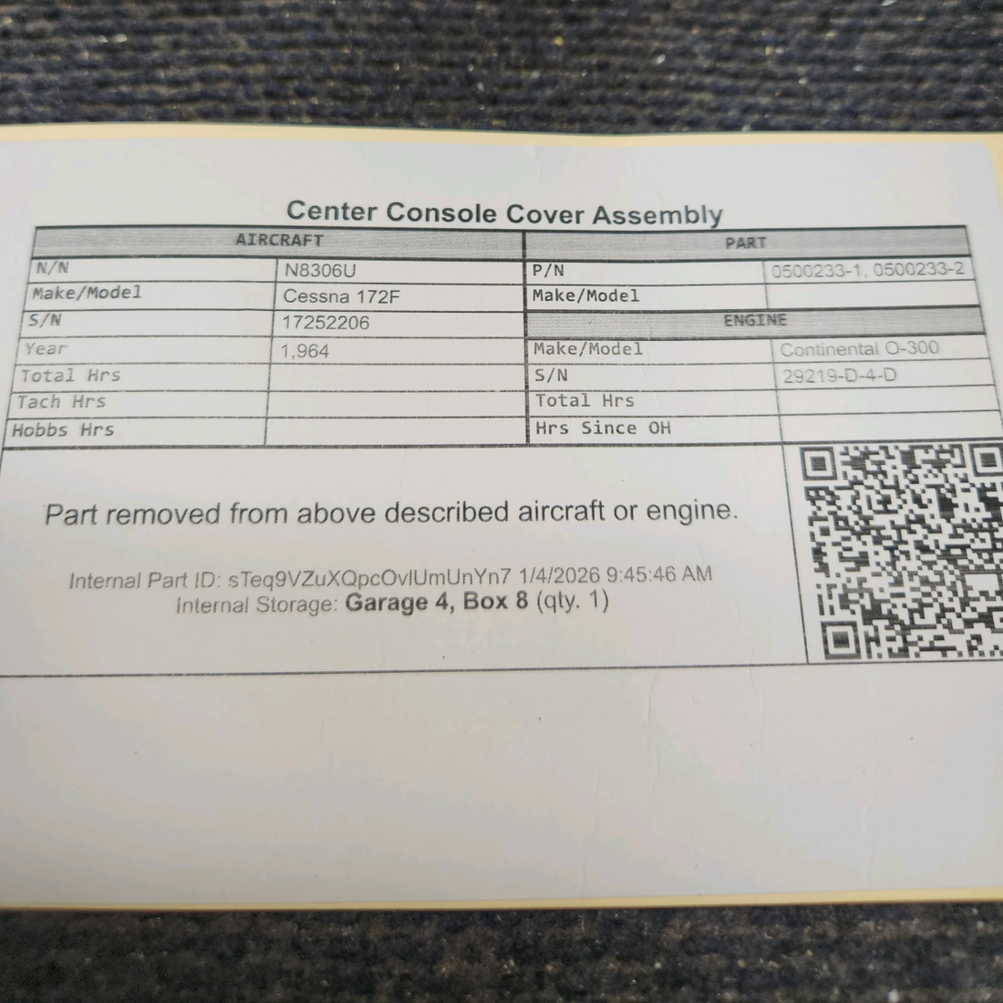 Used aircraft parts for sale, 0500233-1 Cessna 172F Center Console Cover Assembly