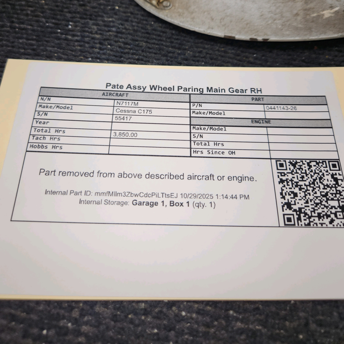 Used aircraft parts for sale, 0441143-26 Cessna C175 Main Gear Wheel Fairing Plate Assembly - RH