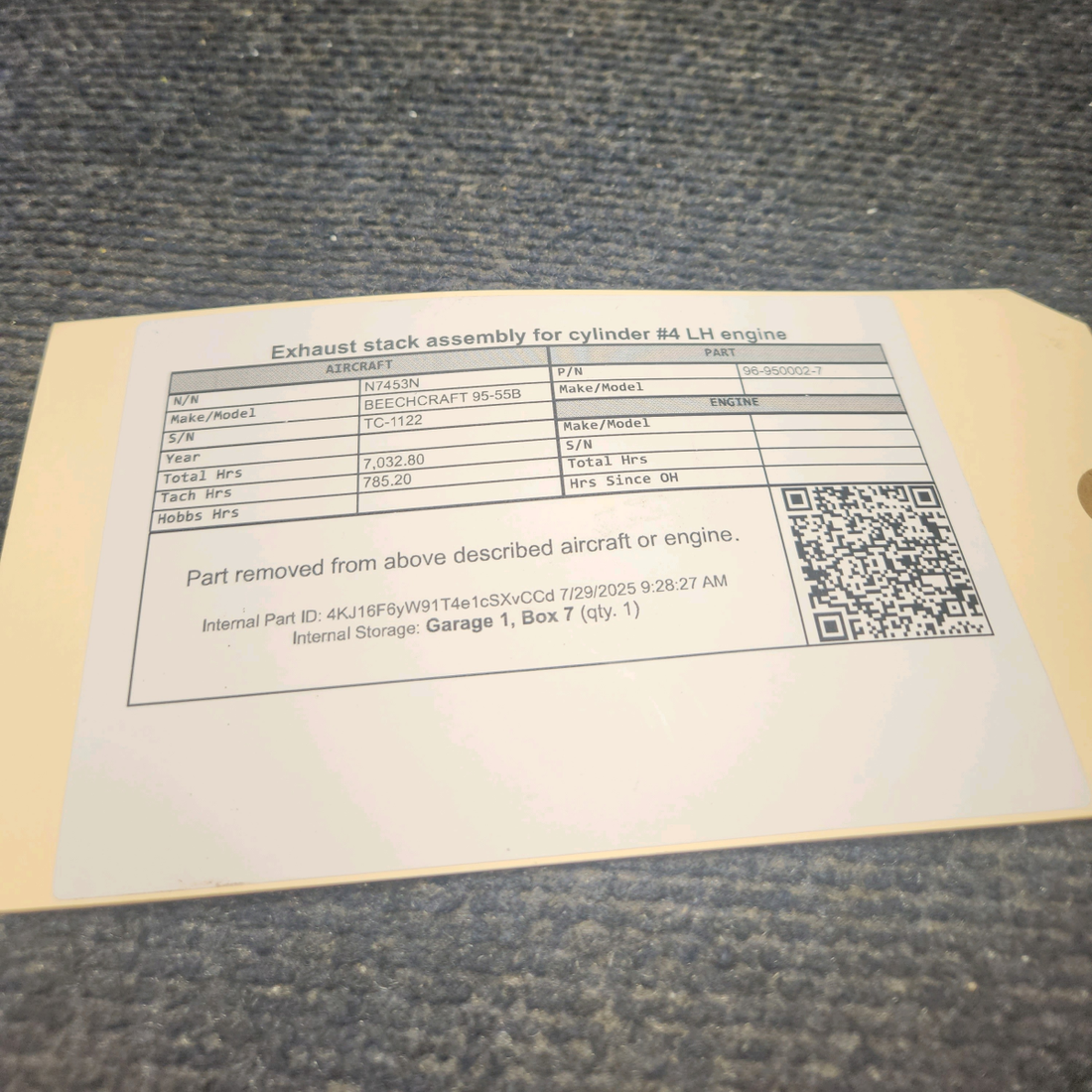 Used aircraft parts for sale, 96-950002-7 BEECHCRAFT 95-55B Exhaust Stack Assembly – Cylinder #4, LH Engine