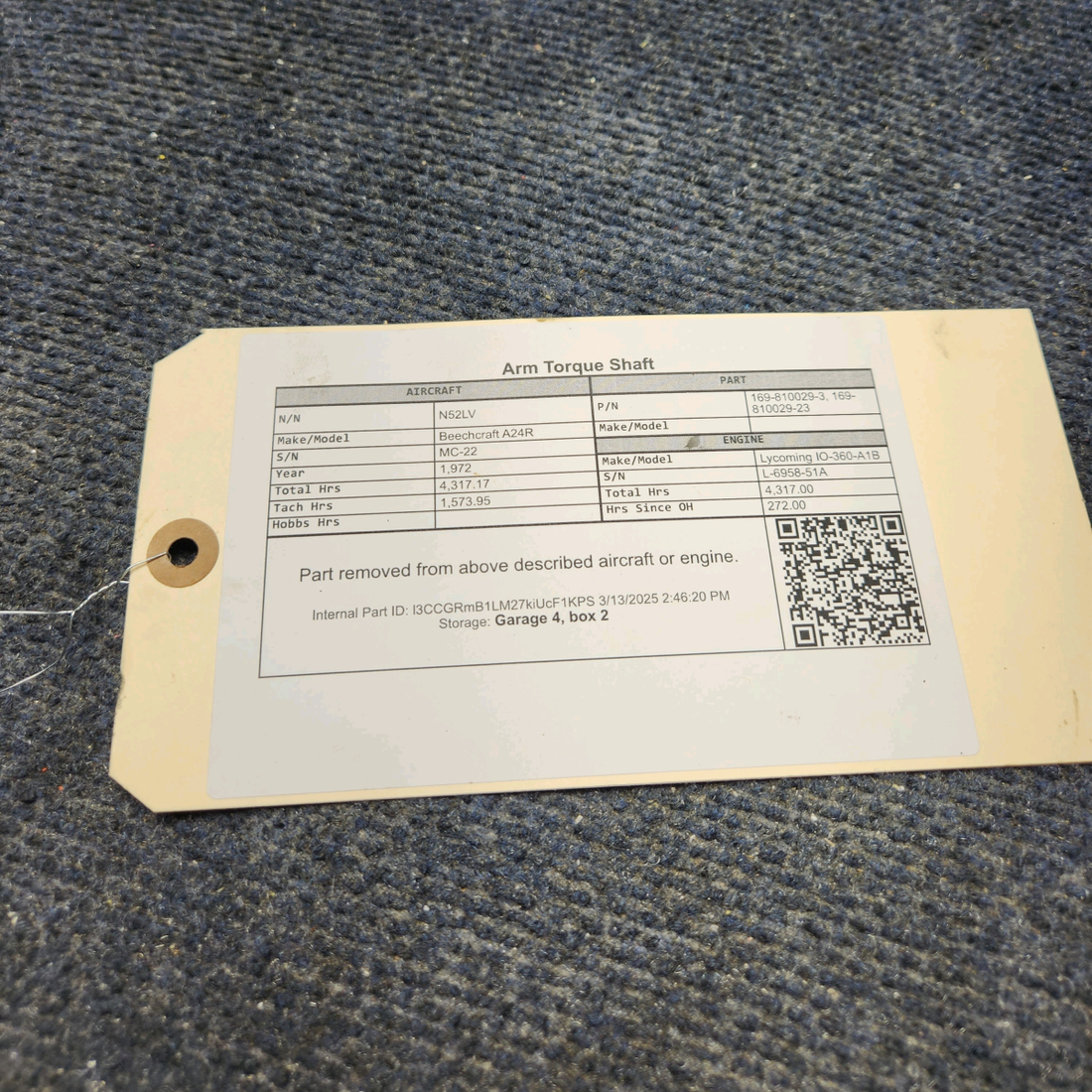 Used aircraft parts for sale, 169-810029-3 Beechcraft A24R Arm Torque Shaft