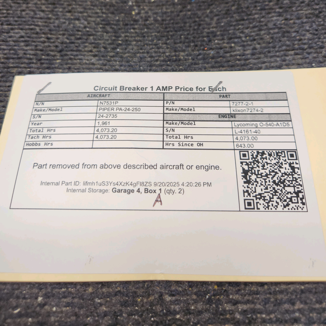 Used aircraft parts for sale, 7277-2-1 klixon 7274-2 PIPER PA-24-250 Circuit Breaker, 1 AMP - Price for Each