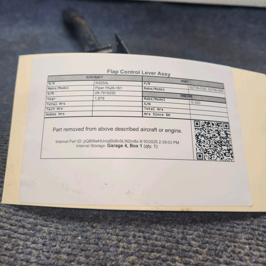 Used aircraft parts for sale, 62706-009 Piper PA28-161 Flap Control Lever Assy