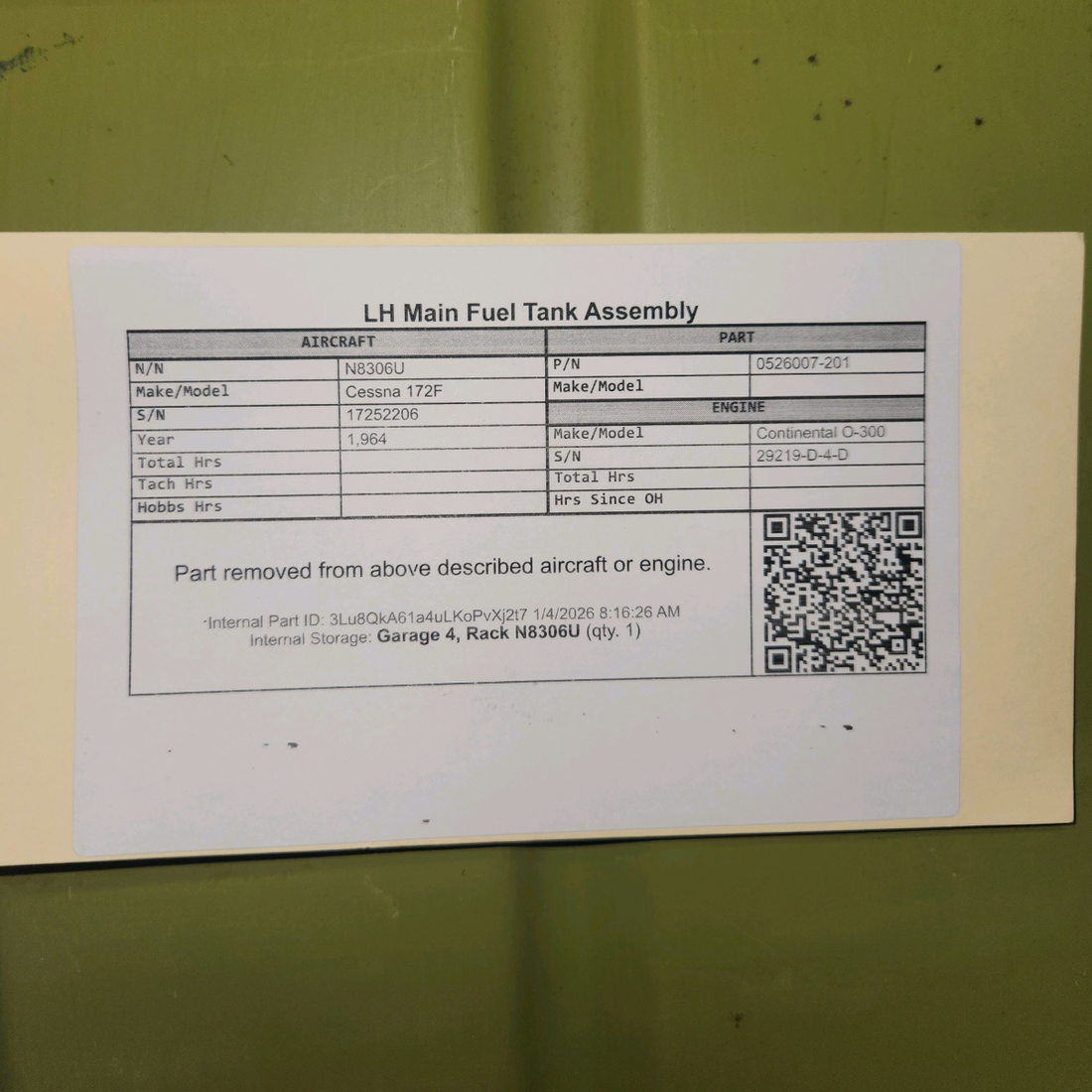 Used aircraft parts for sale, 0526007-201 Cessna 172F LH Main Fuel Tank Assembly
