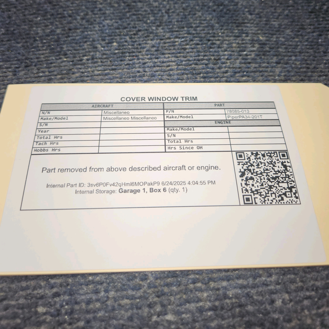 Used aircraft parts for sale, 78085-013 Piper PA34-201T AFT Cabin Door Upper Cover