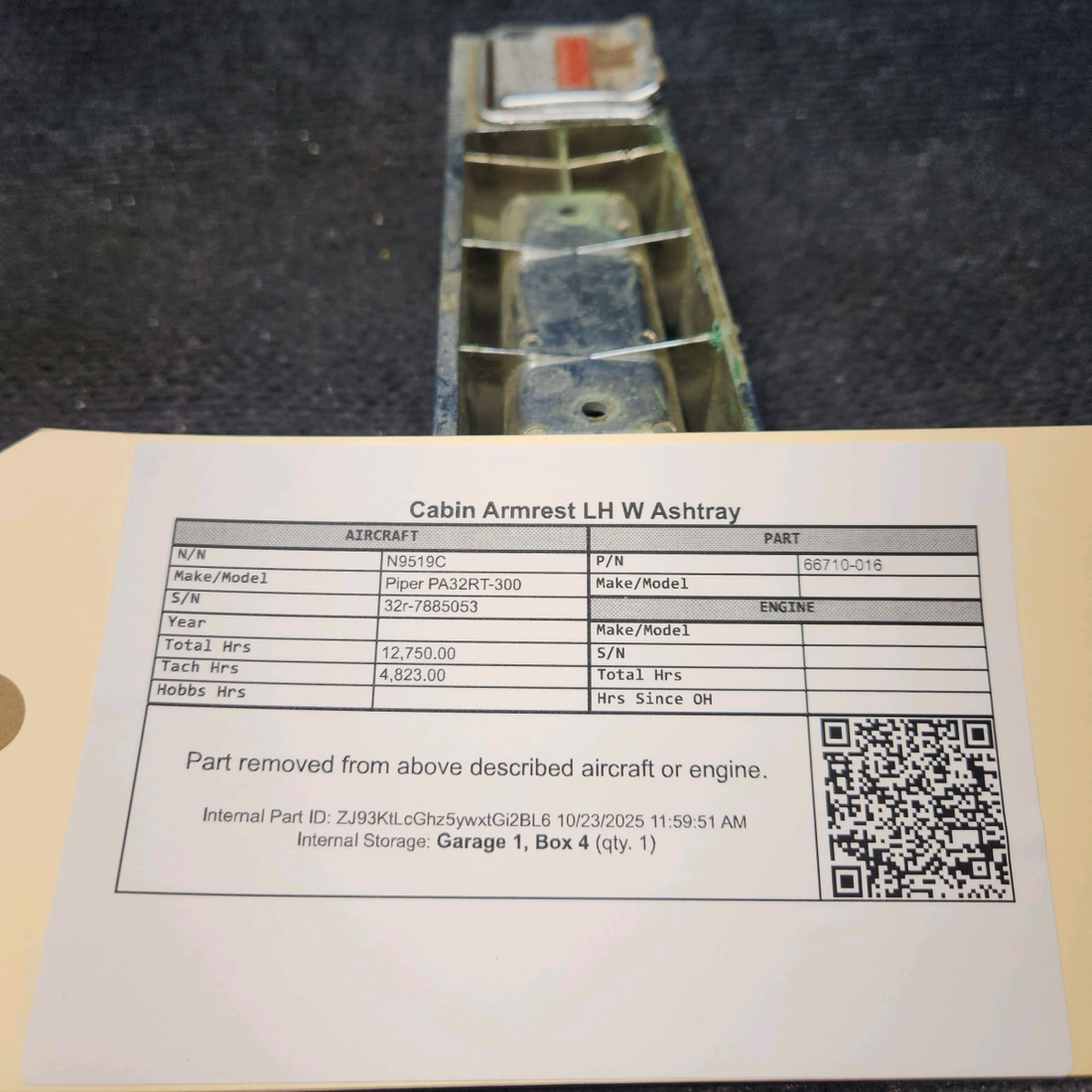 Used aircraft parts for sale, 66710-016 Piper PA32RT-300 Cabin Armrest with Ashtray - LH