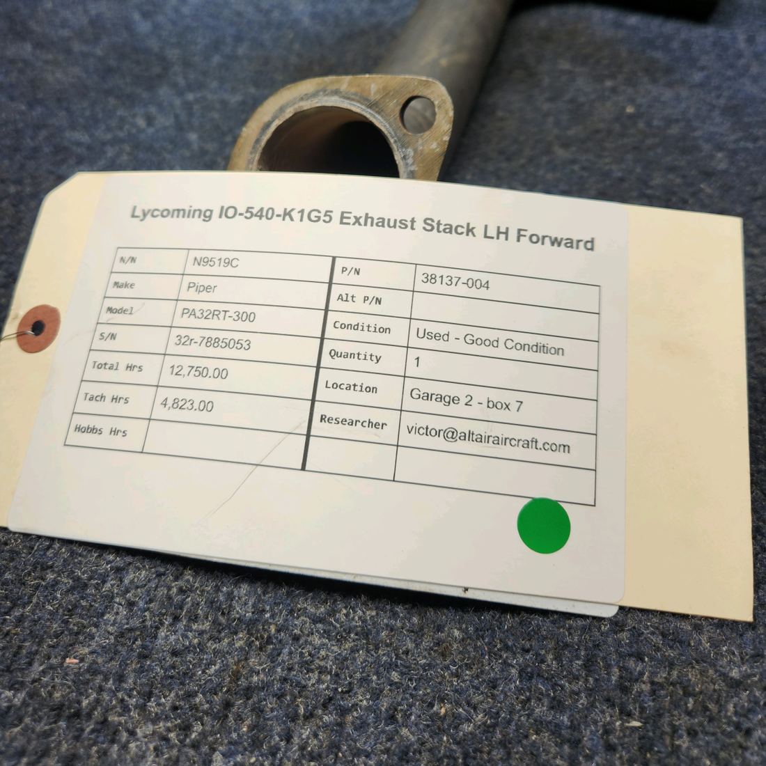 Used aircraft parts for sale, 38137-004 Piper PA32RT-300 LYCOMING IO-540-K1G5 EXHAUST STACK LH FORWARD