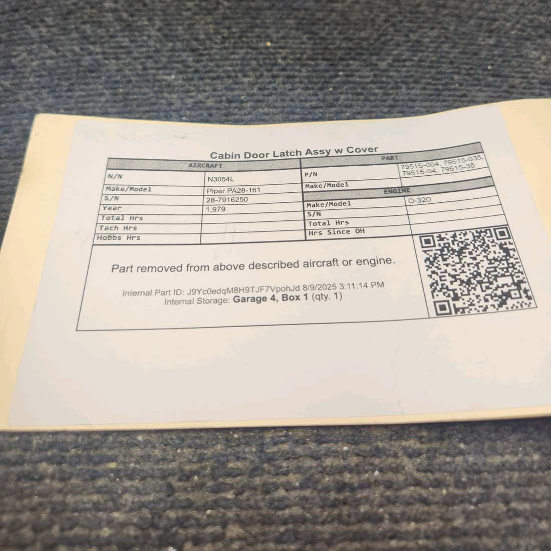 Used aircraft parts for sale, 79515-004, 79515-035 Piper PA28-161 Cabin Door Latch Assy w/ Cover