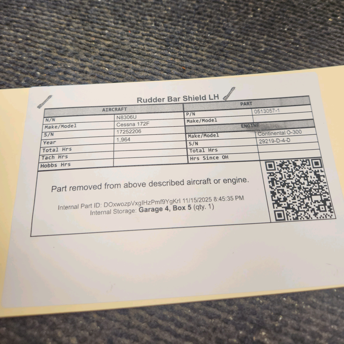 Used aircraft parts for sale, 0513057-1 Cessna 172F Rudder Bar Shield - LH