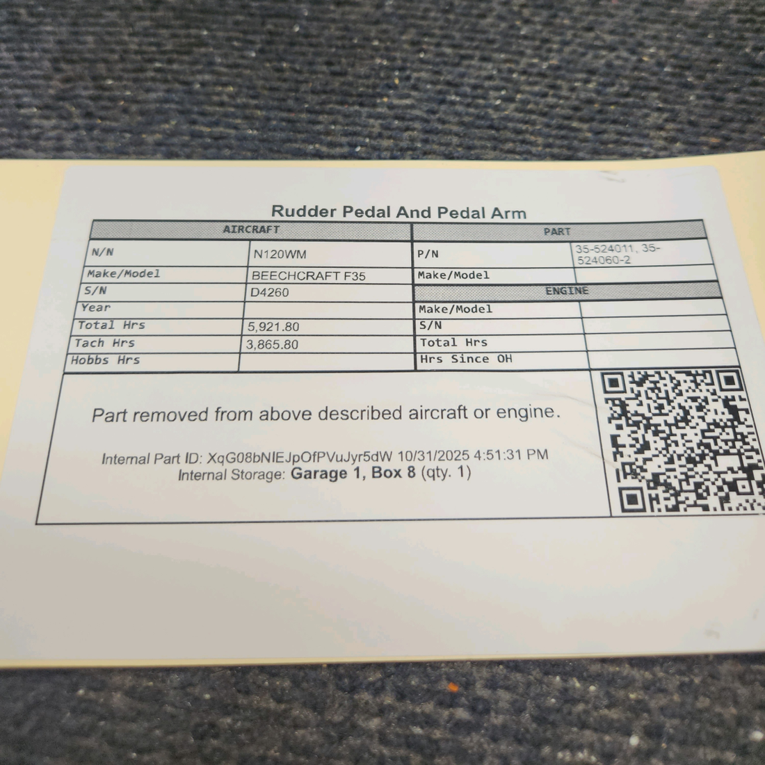 Used aircraft parts for sale, 35-524011, 35-524060-2 BEECHCRAFT F35 Rudder Pedal and Arm