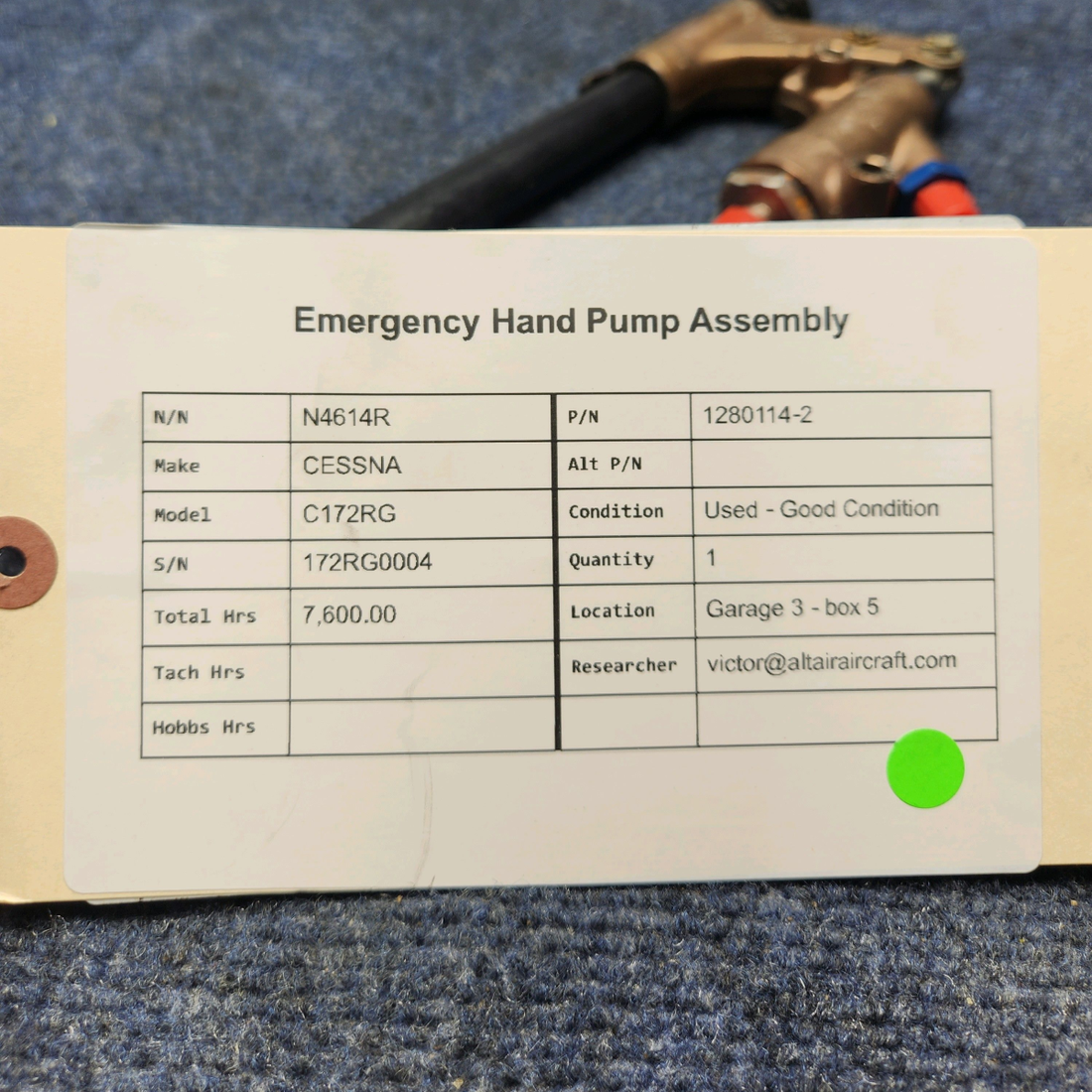 Used aircraft parts for sale, 1280114-2 CESSNA C172RG EMERGENCY HAND PUMP ASSEMBLY