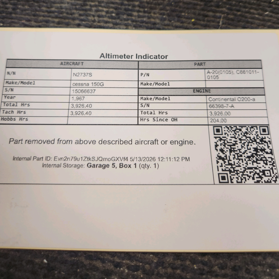 Used aircraft parts for sale, A-20(0105) cessna 150G Altimeter Indicator
