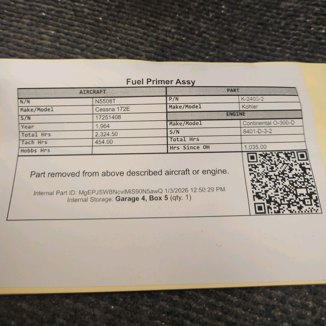Used aircraft parts for sale, K-2403-2 Kohler Cessna 172E Fuel Primer Assy