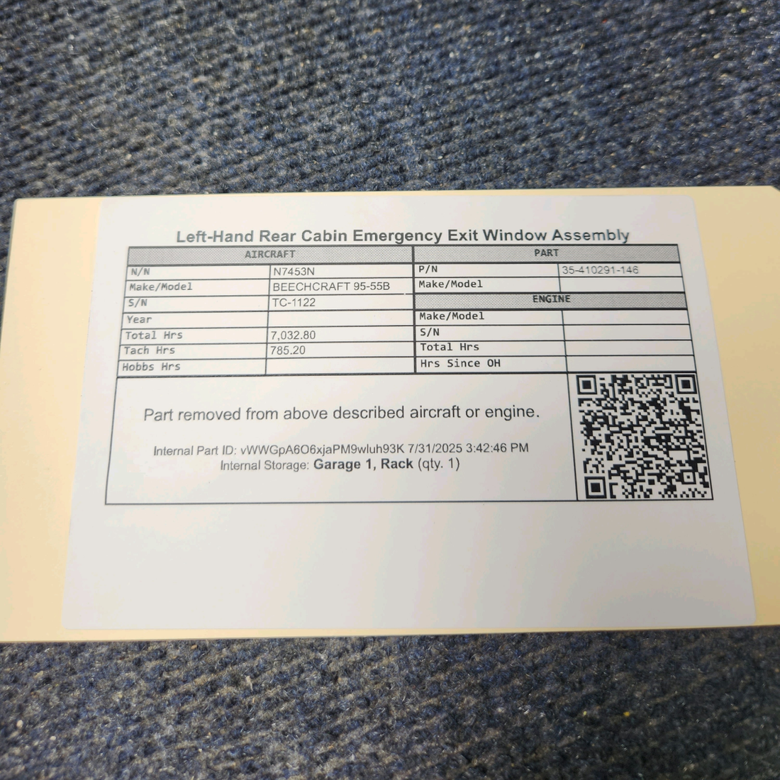 Used aircraft parts for sale, 35-410291-146 BEECHCRAFT 95-55B Cabin Rear Window Assembly - LH