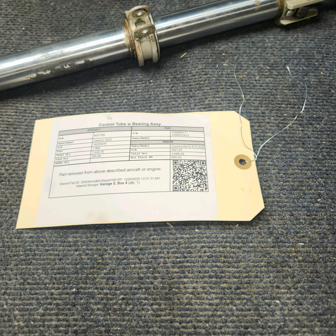 Used aircraft parts for sale, 0760640-1 Cessna 182G Control Tube w Bearing Assy