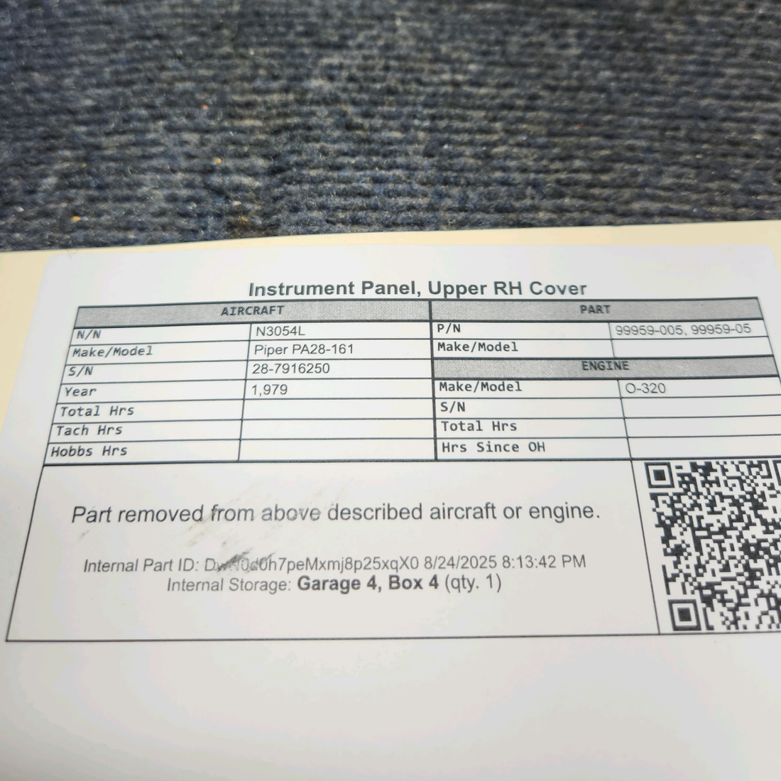 Used aircraft parts for sale, 99959-005 Piper PA28-161 Instrument Panel - Upper RH Cover