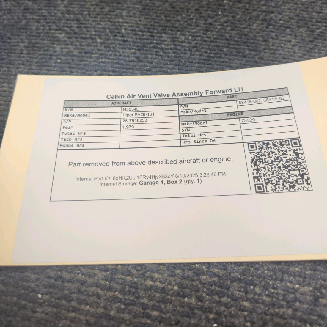 Used aircraft parts for sale, 68416-002 Piper PA28-161 Cabin Air Vent Valve Assembly Forward - LH