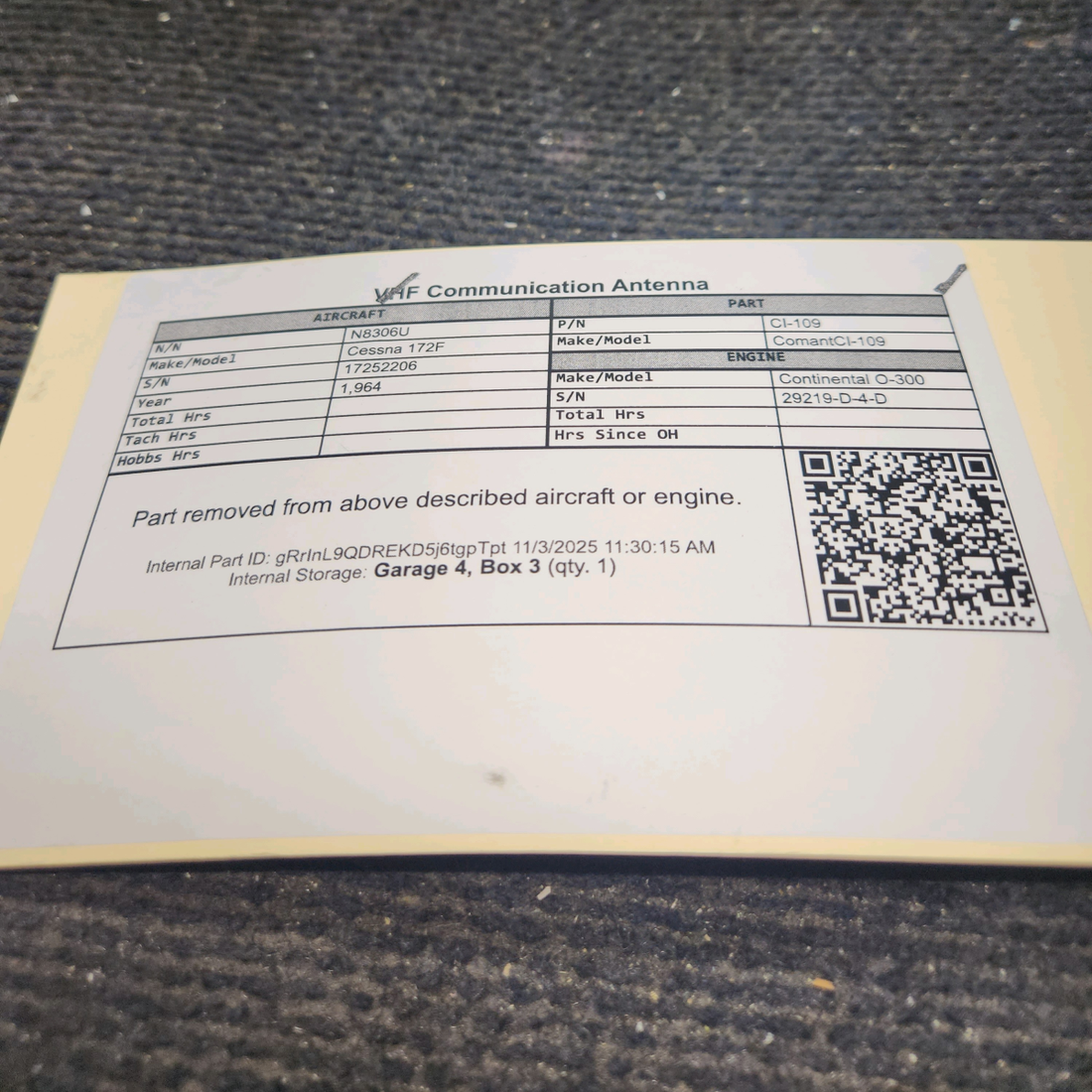 Used aircraft parts for sale, CI-109 Comant CI-109 Cessna 172F VHF Communication Antenna