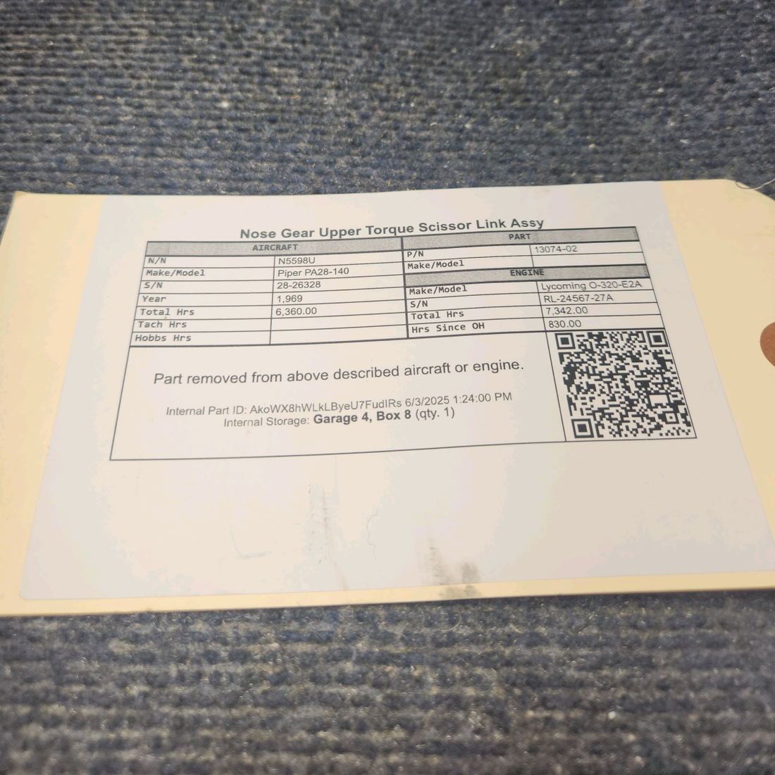 Used aircraft parts for sale, 13074-02 Piper PA28-140 Nose Gear Upper Torque Scissor Link Assy