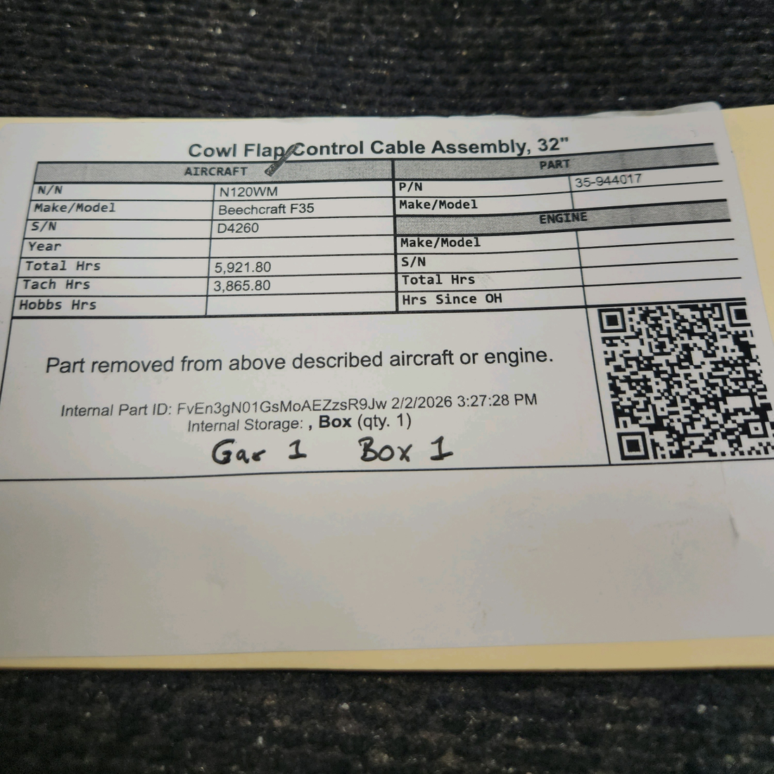 Used aircraft parts for sale, 35-944017 Beechcraft F35 Cowl Flap Control Cable Assembly, 32"
