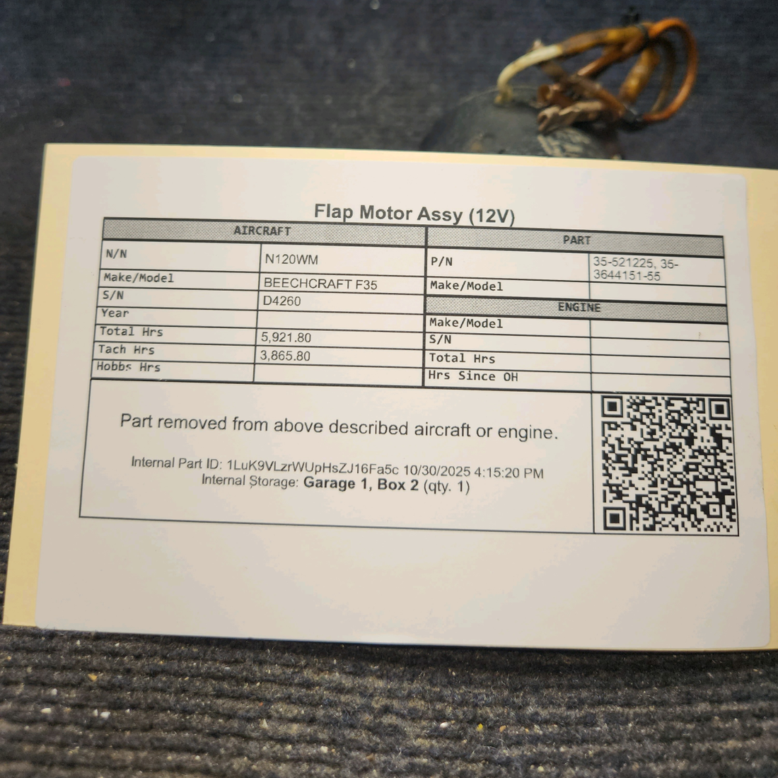 Used aircraft parts for sale, 35-521225 BEECHCRAFT F35 Flap Motor Assy (12V)