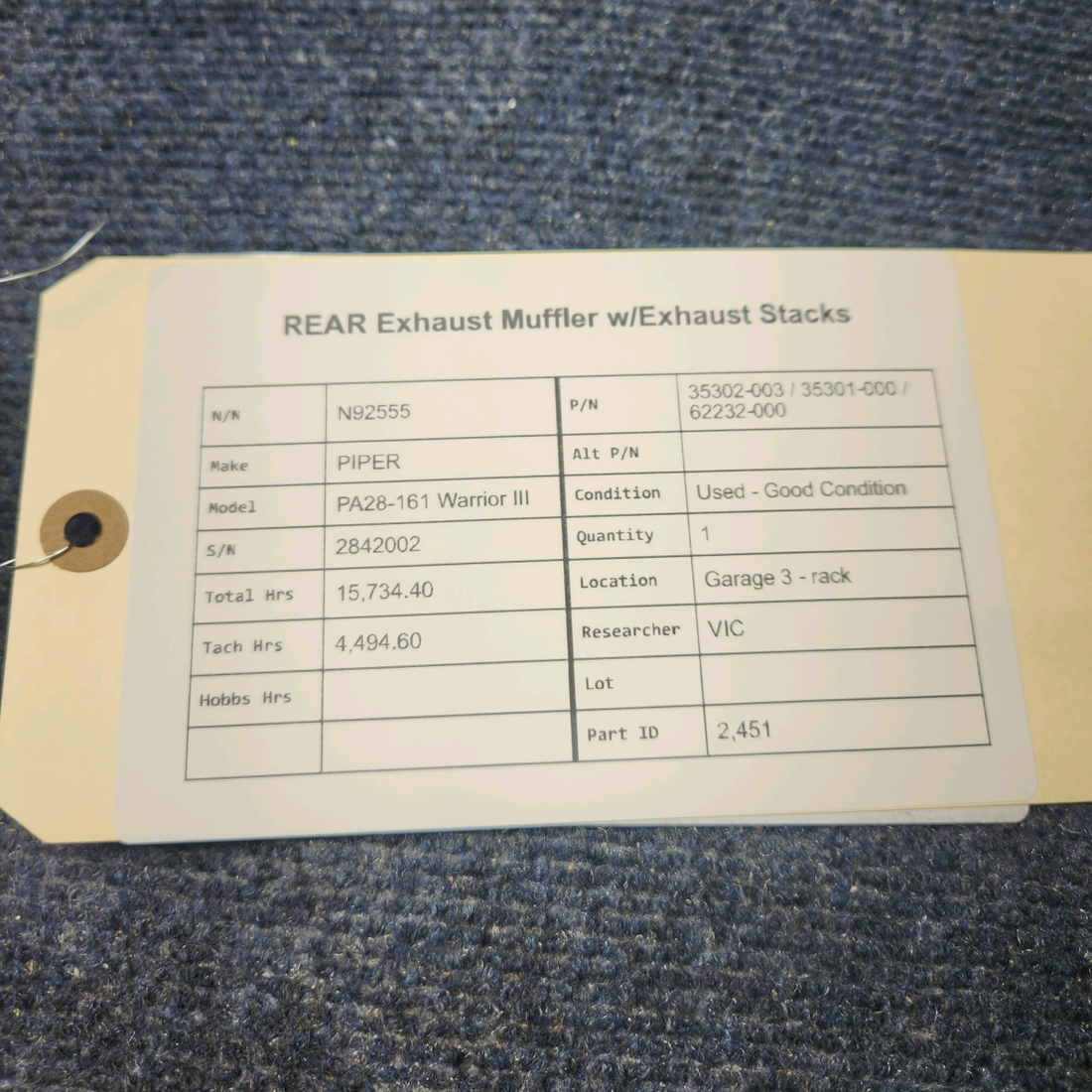 Used aircraft parts for sale, 35302-003 / 35301-000 / 62232-000 PIPER PA28-161 Warrior III REAR EXHAUST MUFFLER W EXHAUST STACKS