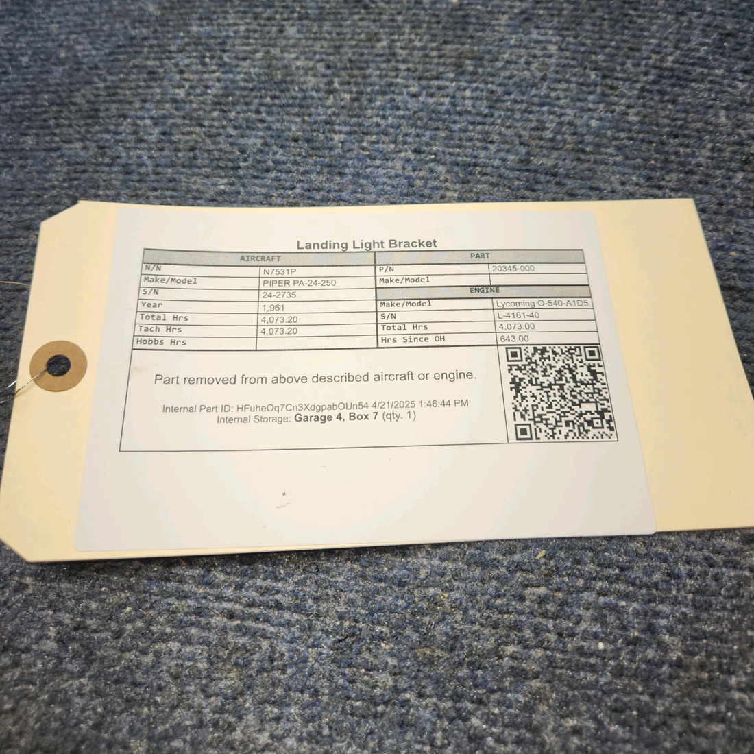 Used aircraft parts for sale, 20345-000 PIPER PA-24-250 Landing Light Bracket