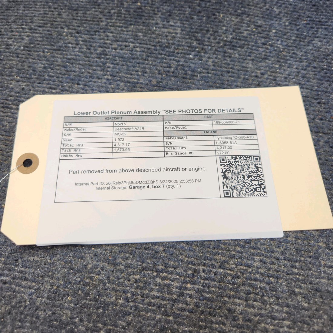 Used aircraft parts for sale, 169-554006-71 Beechcraft A24R Lower Outlet Plenum Assembly   "SEE PHOTOS FOR DETAILS"