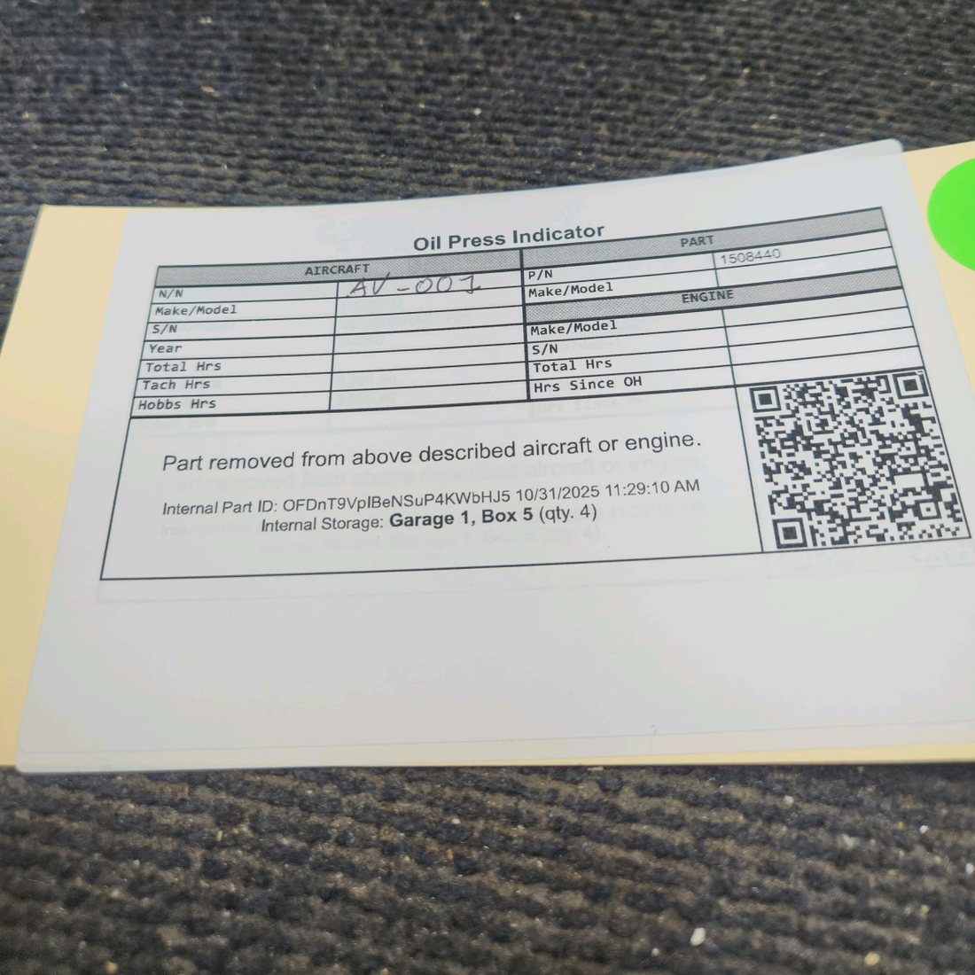 Used aircraft parts for sale, 1508440 Continental, Lycoming Oil Press Indicator