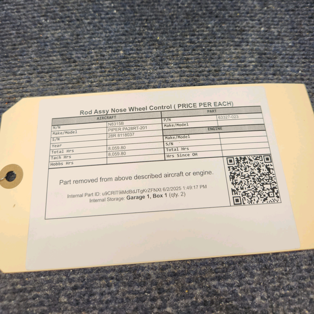 Used aircraft parts for sale, 63327-023 PIPER PA28RT-201 Nose Wheel Control Rod - Price per Each