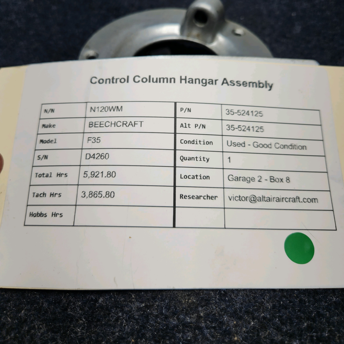 Used aircraft parts for sale, 35-524125 BEECHCRAFT F35 CONTROL COLUMN HANGAR ASSEMBLY