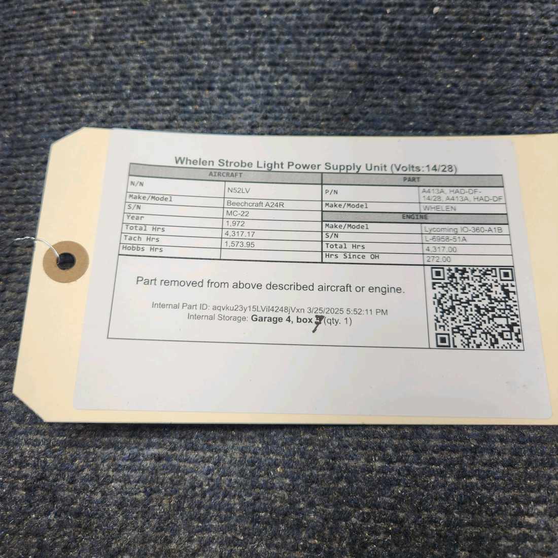 Used aircraft parts for sale, A413A, HAD-DF-14/28 WHELEN Beechcraft A24R Strobe Light Power Supply Unit (Volts:14/28)