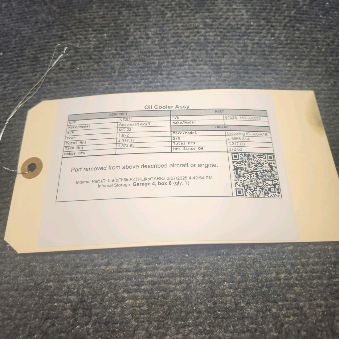 Used aircraft parts for sale, 8432S Beechcraft A24R Oil Cooler Assy